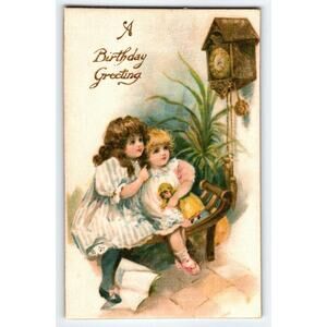 Birthday Greeting Postcard Two Girls Bench with Clock John Winsch Back Fabric